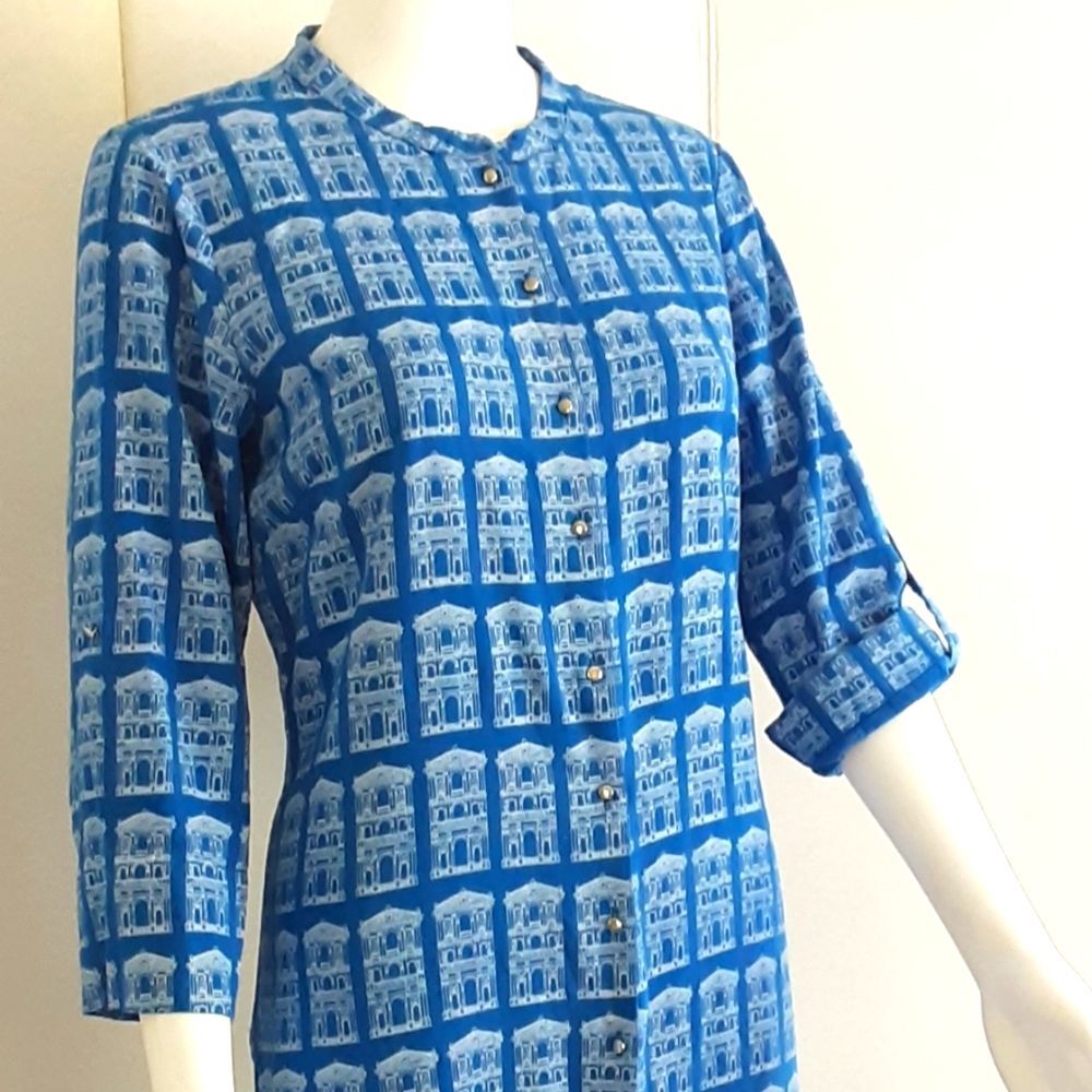 WFORWOMAN Kurta Mandarin Collar Building Print Button Down Tunic Top Sz 10